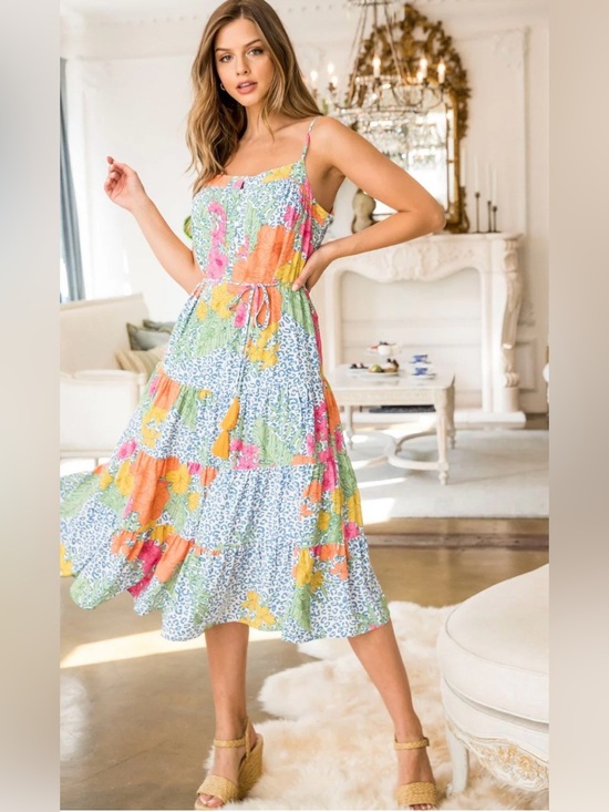THML Dresses & Skirts - THML Elizabeth Floral and Animal Print Tiered Midi Flowy Dress size XL NWT